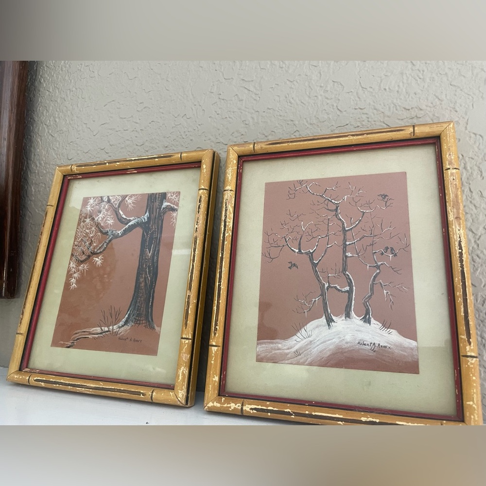 Antique vintage original winter paintings - holiday decor, tree, snow.  Signed
